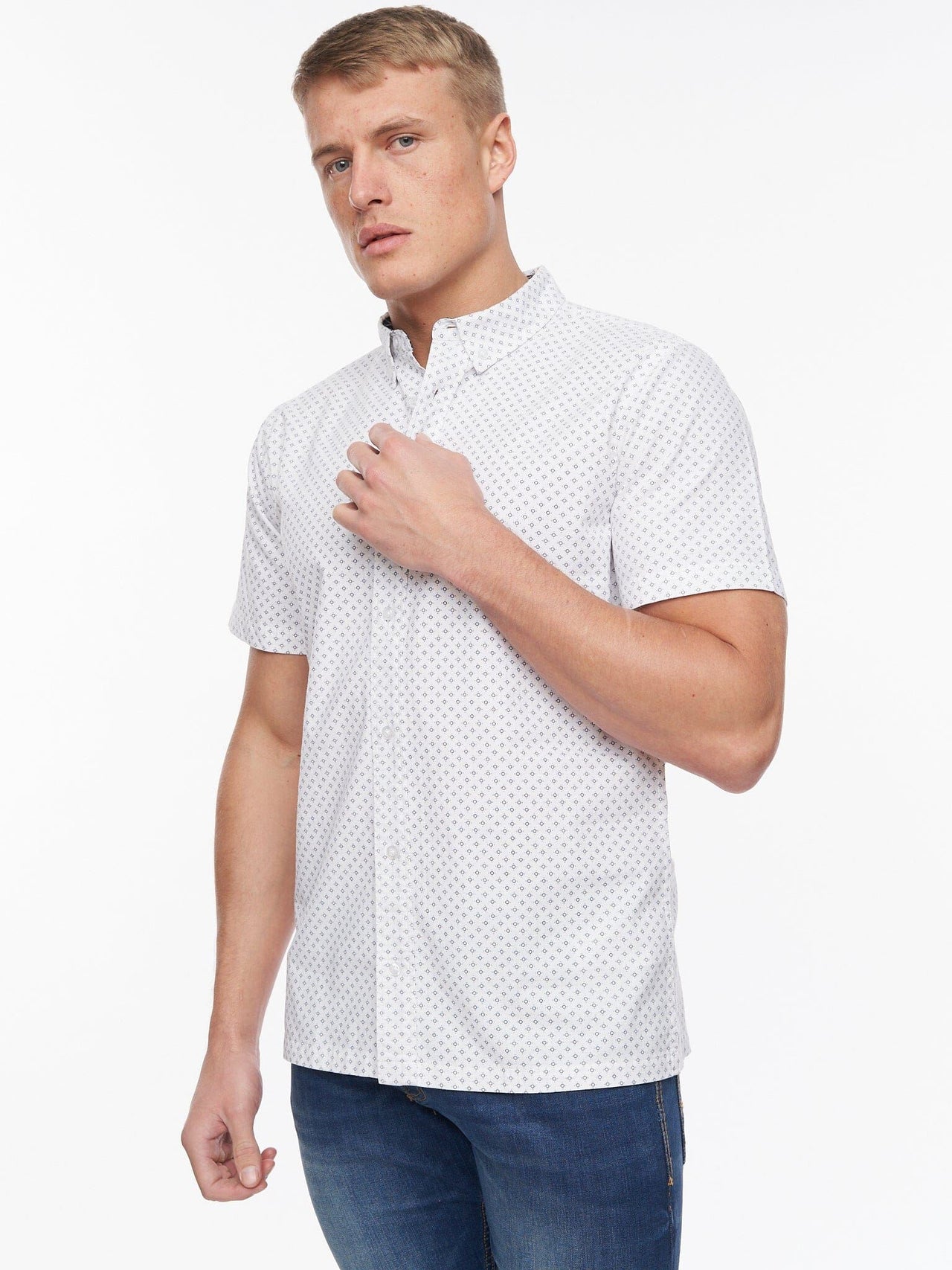 Haltom Short Sleeve Shirt White/Navy Print