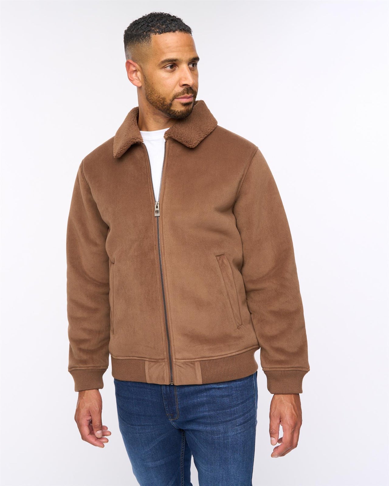 Lauwin Faux Suede Bomber Jacket Dark Tan